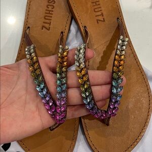 EUC SCHUTZ Women's Brown Rainbow Crystal Embellished Sandals Size 5